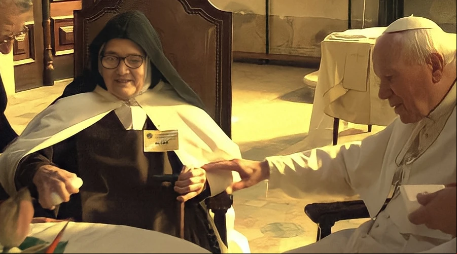 Sor Lucu00eda junto a San Juan Pablo II (foto recortada). Cru00e9dito: Jornal O Bom Catu00f3lico - Wikimedia Commons (CC BY 2.0)?w=200&h=150