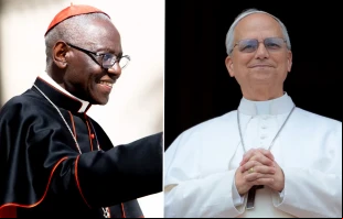 El Cardenal Robert Sarah y el Papa León XIV. Crédito: Daniel Ibáñez / EWTN News.