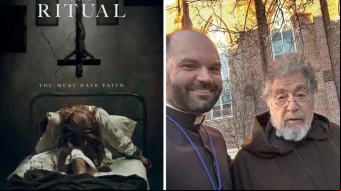 De izquierda a derecha: cartel de la película; el P. Aaron Williams, rector de la Basílica de St. Mary en Natchez, Misisipi (Estados Unidos), sonríe junto al actor Al Pacino.