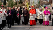El Cardenal Pierbattista Pizzaballa encabezando la procesión desde Betfagé hasta Jerusalén.