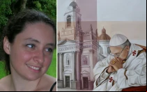 La pintora argentina Mercedes Fariña y uno de sus cuadros del Papa Francisco.