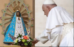 Papa Francisco con la imagen de la Virgen de Luján Crédito: Daniel Ibáñez/EWTN